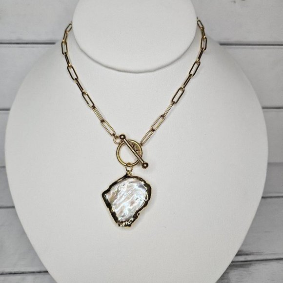 Gold Stainless Steel Paper Clip Freshwater Genuine Biwa Toggle Necklace 16" - Picture 1 of 4